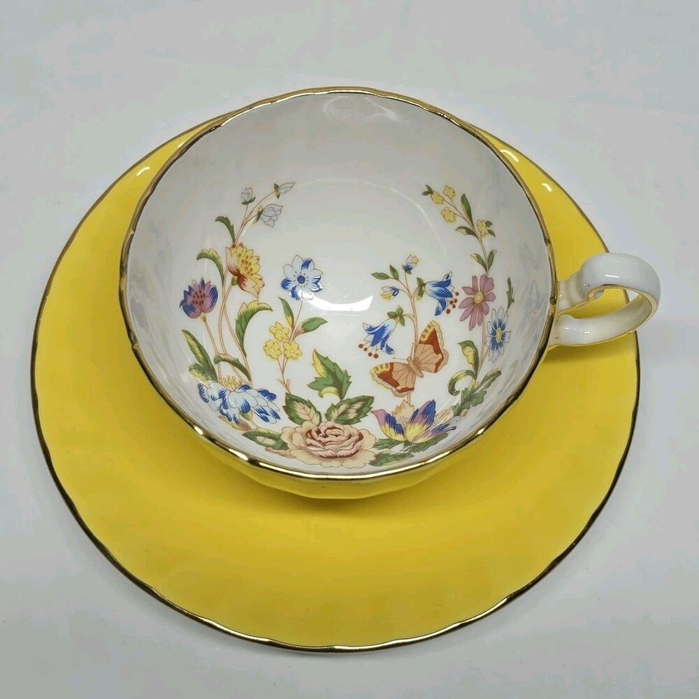 Aynsley Tea Cup and Saucer 'Cottage Garden' Yellow Bone China England VTG 70